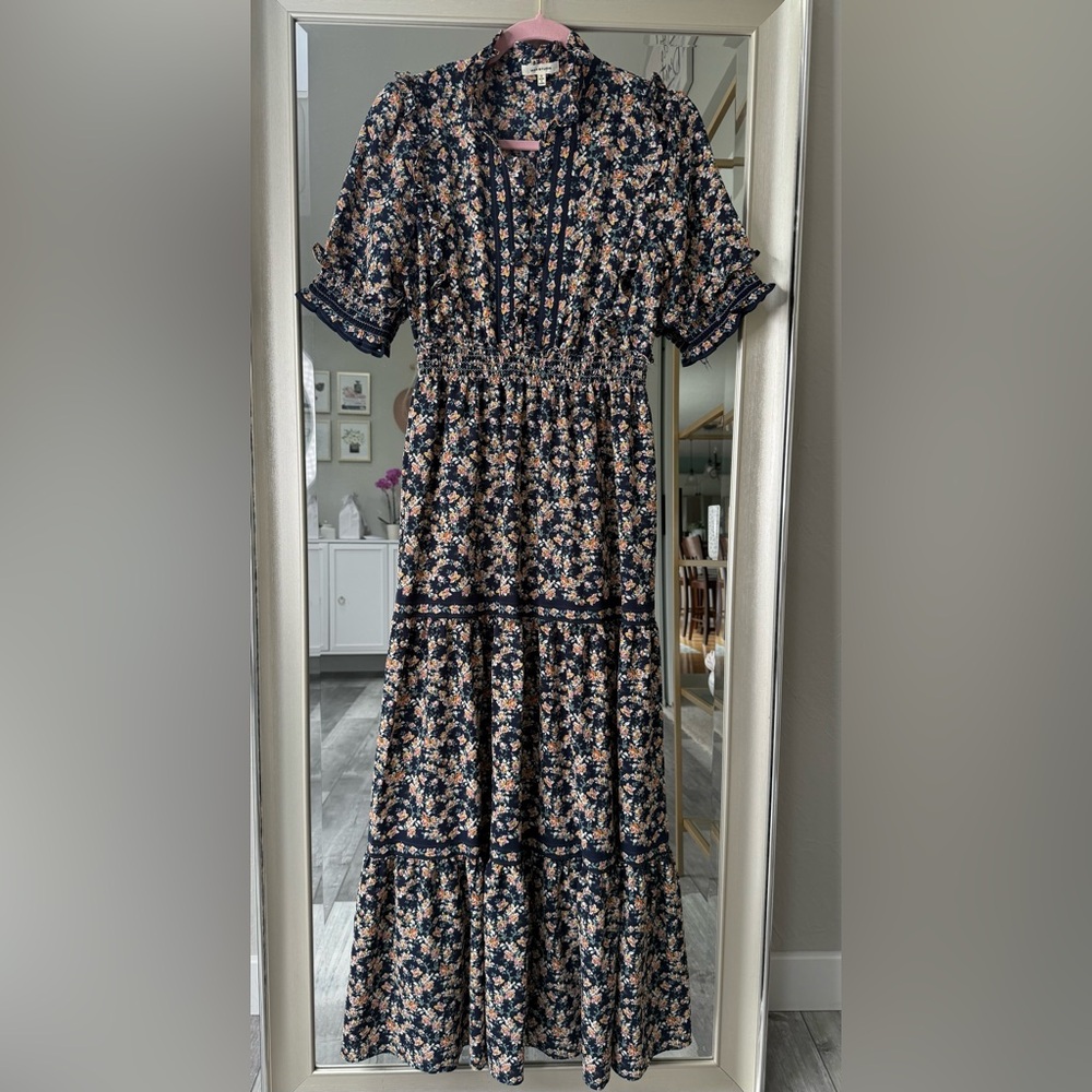 Max Studio Navy Floral Ruffle Maxi Dress | Size Small | Boho Cottagecore